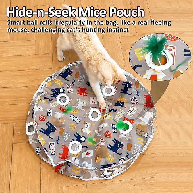 Cat Toys for Indoor Cats, Interactive Ball & 9 Holes Play Mat, Hide-n-Seek Exercise Game, Automatic Ball in Pouch, Mouse Squeaky Stimulating Toy, Motion Activated Kitten Enrichment Toys - Image 3