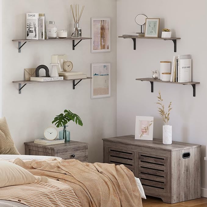 Long Wall Shelves, 31.5Inch Wooden Wall Mounted Shelves, Set of 2 | Floating Book Shelf with Metal Brackets, Easy Assembly, Max Load 22lbs, Wall Storage Ledges, Bedroom/Bathroom/Kitchen, Greige - Image 7