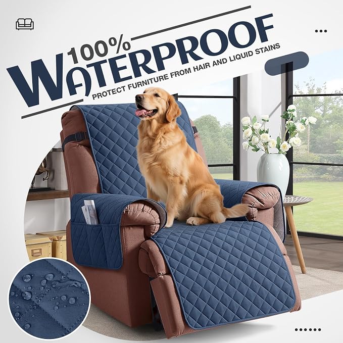 KinCam 100% Waterproof Recliner Chair Covers Washable, 23.6", Blue | Anti Slip Reclining Couch Covers for Pets Dog, Recliner Sofa Slipcover Storage Pocket, Furniture Protector with Elastic Strap - Image 3