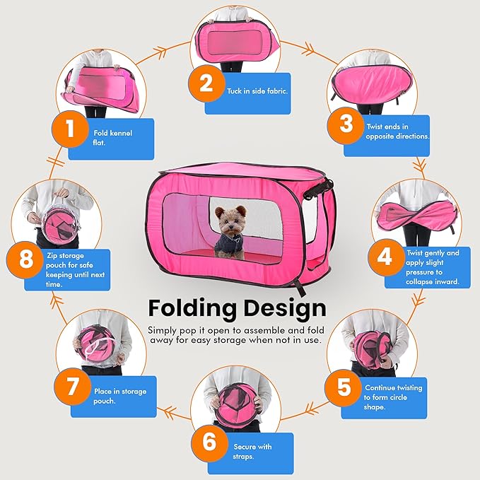 Portable Collapsible Pop Up Kennel, 32.5" L x 19.5" W x 19.5" H, Fuchsia | Collapsible indoor/outdoor travel cat and dog crate with mesh screen windows pops up and folds flat for easy storage - Image 5