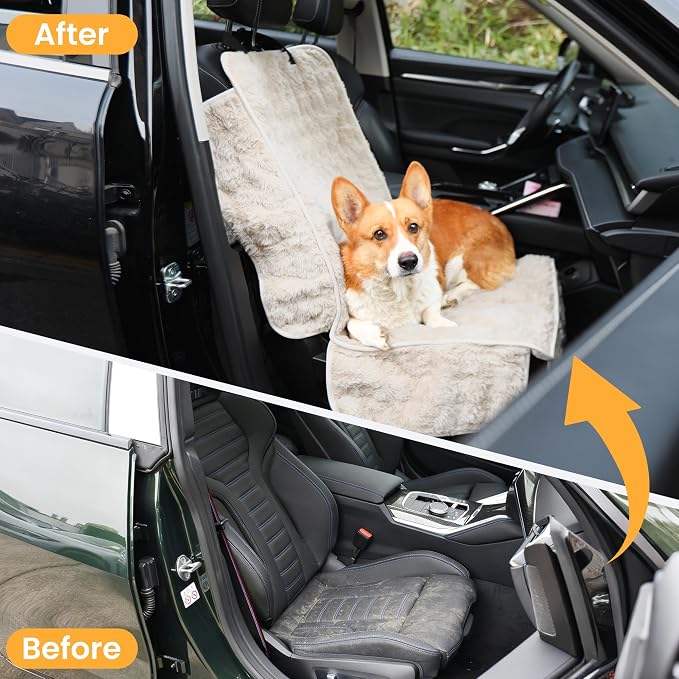 Dog Car Seat Cover, Waterproof Plush Pet Seat Protector, Beige, Front Seat | Faux rabbit fur, waterproof layer, non-slip silicone backing, side flaps, machine washable, fits most cars and SUVs - Image 4