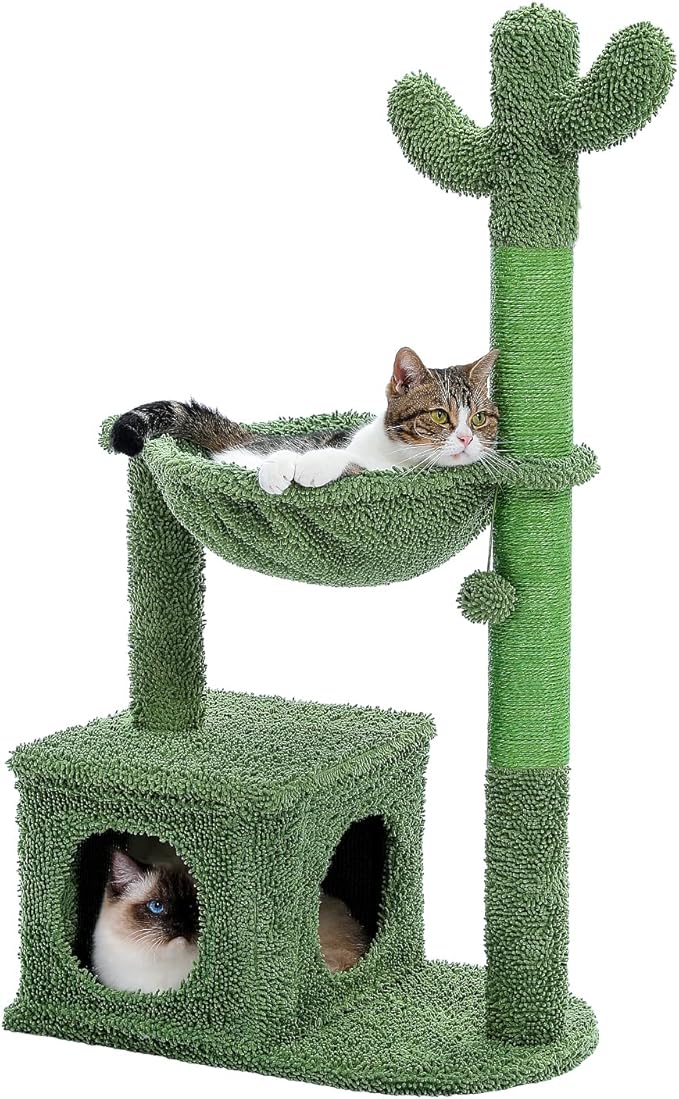 40" Cactus Cat Tree with Hammock, Condo & Sisal Post, Green | Cactus theme, Metal carpet hammock, Cozy indoor condo, Replaceable pompom toy, Sisal wrapped posts, Sturdy base by MUTTROS
