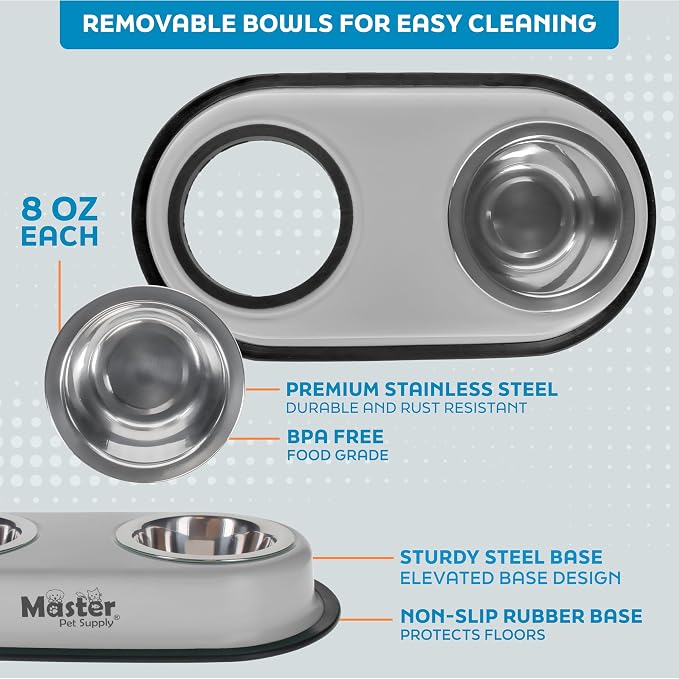 Master Pet Supply Double Dog Bowls Set with Elevated Base Light Gray | 2 - (8 oz) Stainless Steel Removable Dishes Double Cat Food Water Bowl, Dog Puppy Food Bowl Set, Rust Resistant, Raised Dish - Image 3
