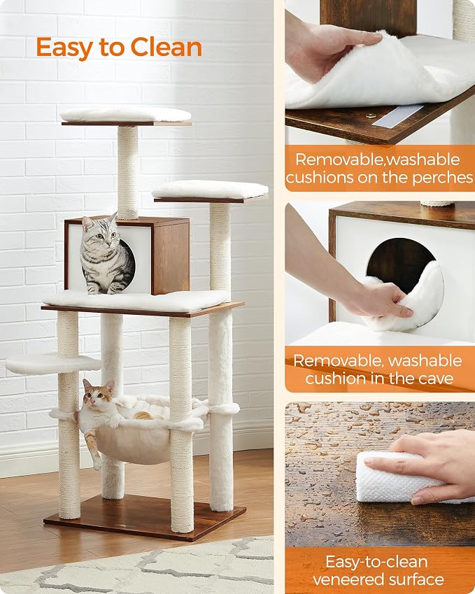 Feandrea Cat Tree, 56.3-Inch Modern Cat Tower, Multi-Level Plush Condo with Scratching Posts, Hammock, Washable Cushion, Rustic Brown UPCT164X01 - Image 2