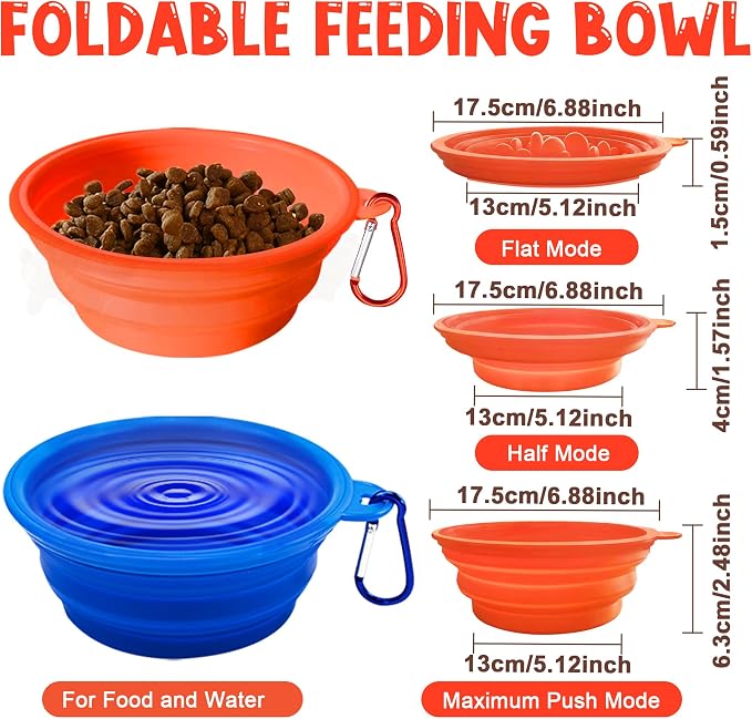 Large Collapsible Dog Bowls (34oz), 2 Pack 2 Colors Pet Travel Foldable Bowl and Slow Feeding Frisbee with Carabiners, Healthy, Soft Silicone, Portable Essential Set for Walking, Travel, and Hiking - Image 2