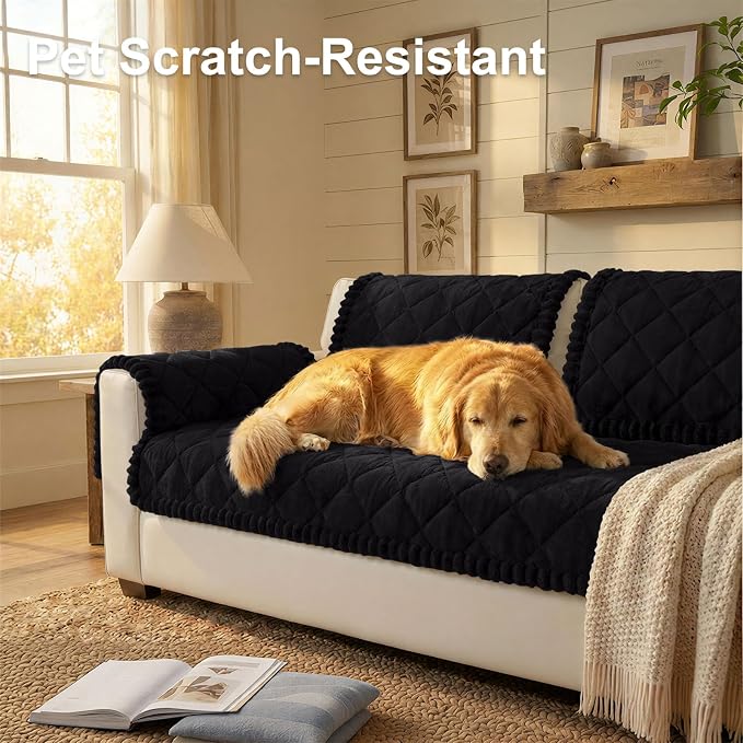 Smiry Non Slip Couch Cover for Dogs, Fuzzy Plush Pet Sofa Protector | Washable Furniture Cover for Large Dogs & Cats, Scratch & Dirt Resistant, For 2 Cushion Couch, Black, 27.6"x47" - Image 2