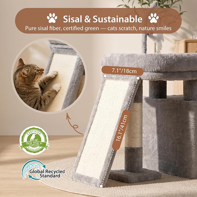 Heybly Cat Tree Extra-Long & Stable 2 Adjustable Scratch Boards HCT210SW | Easy-Climb Cat Tower with Dual-Leg Floor Condo, Sturdy Cat Furniture with Extra Wide Platform & Interactive Toys, Light Gray - Image 4