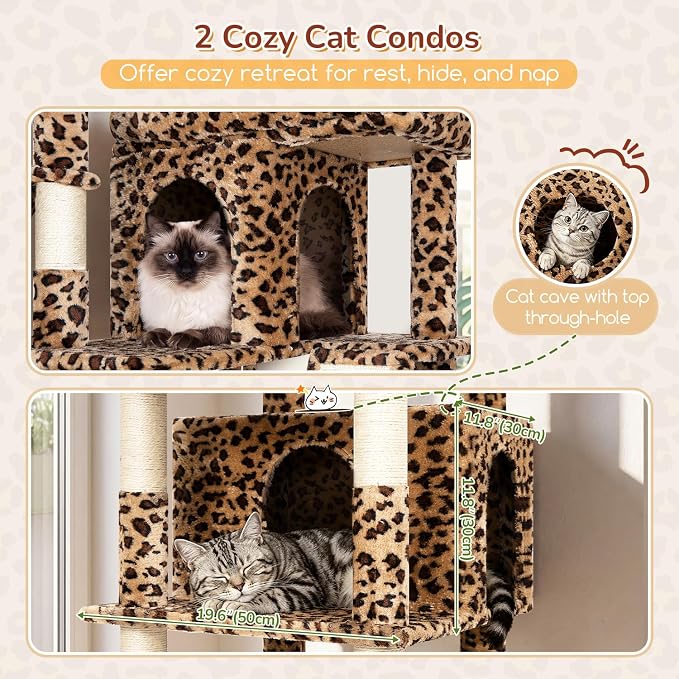 Globlazer 80in Extra Large Leopard Cat Tree Tower S80G, Leopard Print | Multi-Level Cat Condo For Multiple Indoor Cats Large Adult Kittens, Scratching Posts, Widened Perches, Adjustable Baskets - Image 3