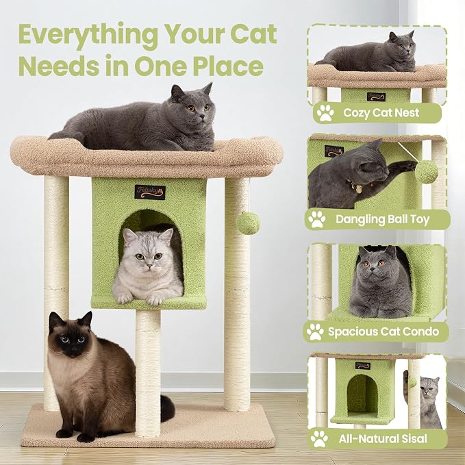 Cat Tree Tower Scratching Post for Indoor Large Adult Cats with Perch Bed | 28in Tall Small Cat Trees House with Big Perch, Condo, Toy Balls, Modern Kitten Climbing Furniture Platform, Green - Image 4