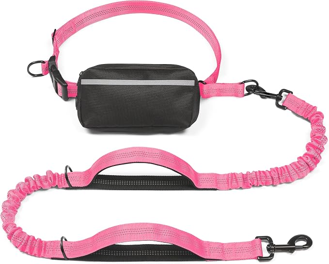 Hands Free Dog Leash with Zipper Pouch, Large, 25-120 lbs, Pink | Waist Leash, Dual Padded Handles, Shock-Absorbing Bungee, Adjustable Waist Belt, Walking and Running by iYoShop