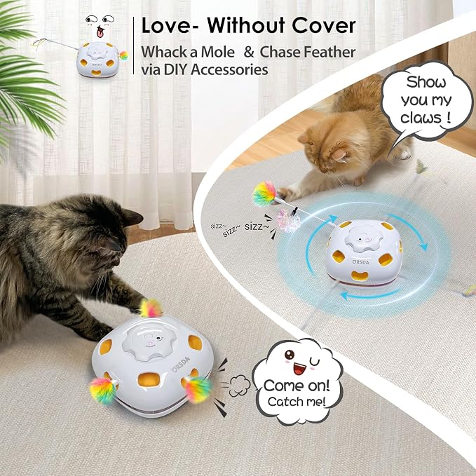 ORSDA Cat Toys for Indoor Cats 4 in 1 Interactive Automatic Cat Toys for Bored Indoor Adult Cats Kitten Toy Rechargeable 8 Hole Mice Whack-A-Mole, Hide and Seek, Moving Feather, 5PCS DIY Replacement - Image 4