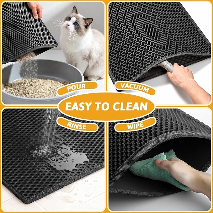 Pieviev Litter Mat, Double-Layer Waterproof Trapping Mat, 24" x 15" Black | Honeycomb Design Catches Scattered Particles to Stop Tracking, Urineproof Base Protects Floors, Easy to Clean - Image 6