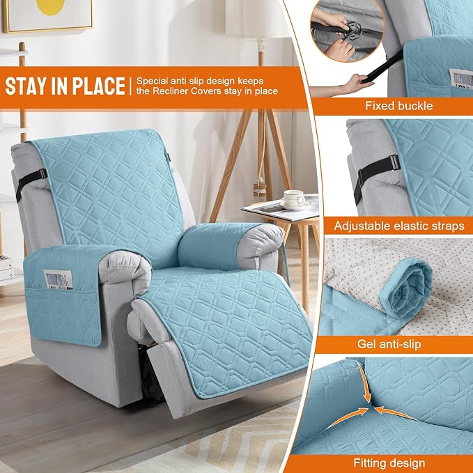 VANSOFY 100% Waterproof Recliner Chair Covers Washable, Azuree, 22" | Non-Slip, Slipcover with Pocket, Furniture Protector, Elastic Straps, Chair Cover for Pets, Dogs - Image 3