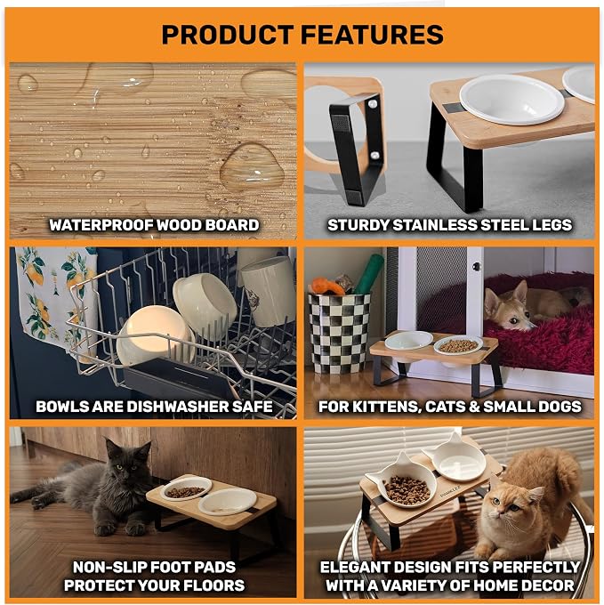 Elevated Cat Bowl Stand for Food and Water – Anti-Vomit Raised Feeding Station with Tilted Stand – Removable Round Ceramic Bowls, Anti Slip Bamboo Base, Dishes for Cats, Kitten, Small Dogs & Puppies - Image 3