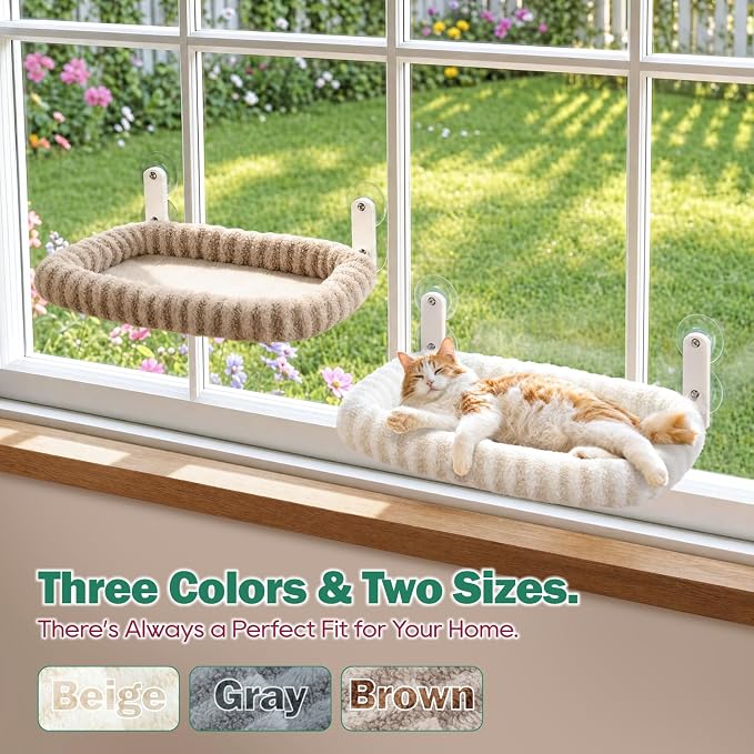 Zakkart Mellow Foldable Cat Window Perch, Upgraded Suction Cups (Brown, L) | Curtain-Friendly, Dual-Fabric Striped Machine Washable Bed, Heavy Duty ABS & Metal Frame, Hold up to 40 lbs., 24.8"W x 15.5"D - Image 7