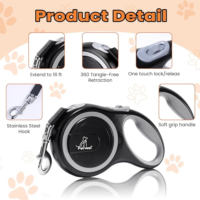 Retractable Dog Leash – Extendable up to 16 FT, Heavy Duty Nylon Tape, No-Tangle, One-Handed Brake & Lock, for Small to X-Large Dogs up to 44 lbs (Black) - Image 4