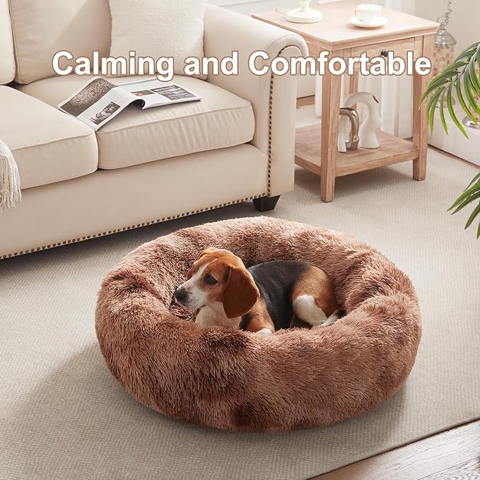 33 in Faux Fur Donut Dog Bed for Medium Plus Dogs,Tie-dye Brown | Calming Plush Round Fluffy Pet Bed with Removable & Washable Cover,Fits up to 65 lbs Pets - Image 2