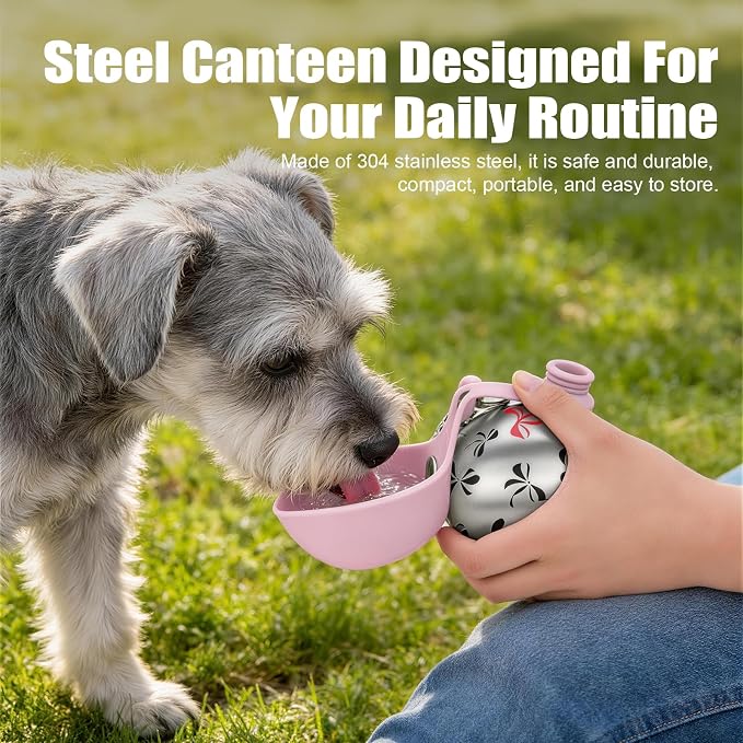 Portable Dog Water Bottle 10oz Stainless Steel Travel Dog Water Dispenser with Bowl No-Spill Puppy Water Bottle for Walking Hiking Small Dog Water Bottle (Pink Bow Print) - Image 8