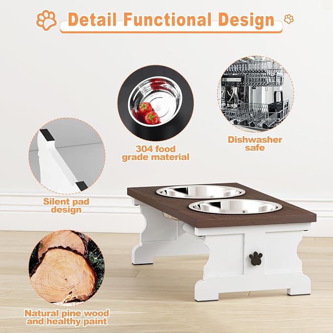 Piskyet Elevated Dog Bowls,Dog Bowl Stand, 3.5Cups6''H_30 oz Bowl-Farmhouse | Farmhouse Dog Bowls Stand, Raised Dog Bowl with 2 Stainless Steel Wooden Dogs Bowls for Small Size Dogs - Image 6