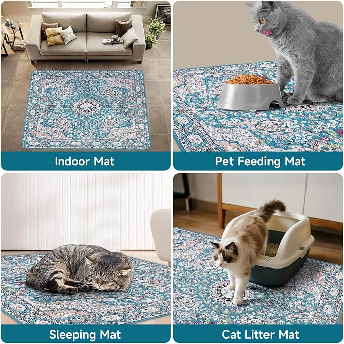 Cat Litter Mat, Reusable Kitty Litter Trapping Mat 2 PCs, 24"x18" Washable Litter Mats for Cats, Waterproof & Non-Slip Compatible with Cat Box (Lake Blue Medallion, 24"x18"(2 PCS)) - Image 5