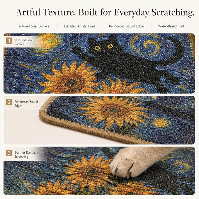 Art Sisal Cat Scratcher Mat, Cat Wall Scratchers for Indoor Cats | Wall Mounted Cat Scratcher, Natural Sisal, No-Drill Hook & Loop Setup, Wall or Floor Use, 23.6 x 15.7 Inch, Sunflower - Image 5