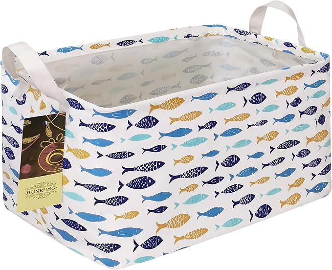 Rectangle Foldable Storage Basket Handles For Home, fish | Waterproof canvas material, reinforced handles, perfect for shelf use, organizes clothes, daily items and pet supplies by HUNRUNG