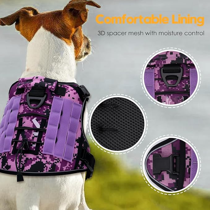 Heavy-Duty Tactical Dog Harness for Large Dogs, No Pull Adjustable Reflective Pet Vest with Molle System, K9 Military-Grade Control for Service Training, Outdoor & 10+ Breeds, Purple Camo, Large - Image 2