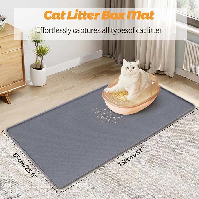 Cat Litter Mat for Litter Box 51"x25.6" Extra Large Silicone Mat,Light Grey | Waterproof Non-Slip Litter Box Mat with Raised Edges, Cat Litter Trapping Mat for Pet, Cat Litter Rug for Floor - Image 2