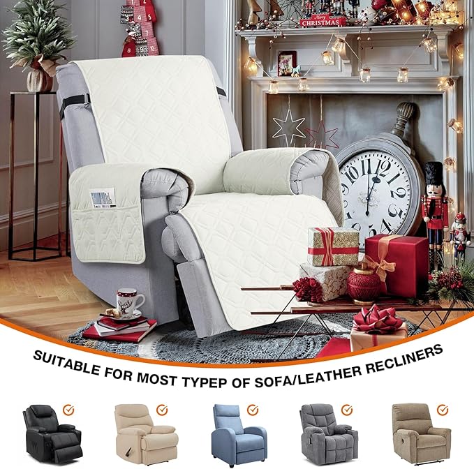 VANSOFY 100% Waterproof Recliner Chair Covers Washable, Off White, 25" | Non-Slip, Slipcover with Pocket, Furniture Protector, Elastic Straps, Chair Cover for Pets, Dogs - Image 4