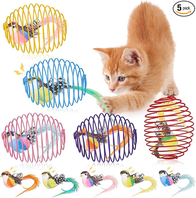 Jecery 5 Pcs Cat Toys Spring,Bird,Multicolor | Interactive Metal Cat Toy, Stretchable Rolling Ball, for Indoor Cats, Colorful Playful Coils, Kitten Pet Supplies by Jecery