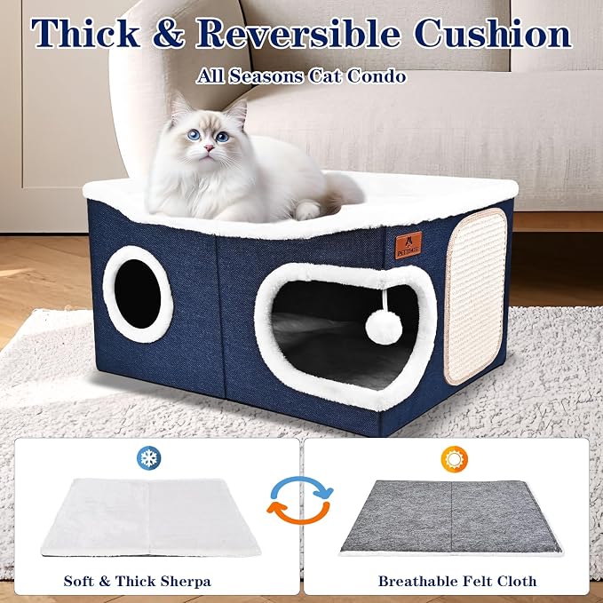 Extra Large Cat Beds for Indoor Cats, Covered Cat Cave Beds & Furniture with Scratch Pad and Fluffy Ball, Foldable Cat Condo Hideaway with Reversible Cushion for Multi Small Pet Large Kittens, Blue - Image 5