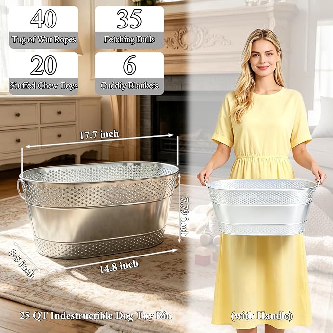 Indestructible Metal Dog Toy Storage Bin, Silver Pet Toy Storage Basket for Living Room Area, Sturdy Chew Proof Puppy Toy Box with Handle, Large Capacity 25 Quart - Image 2