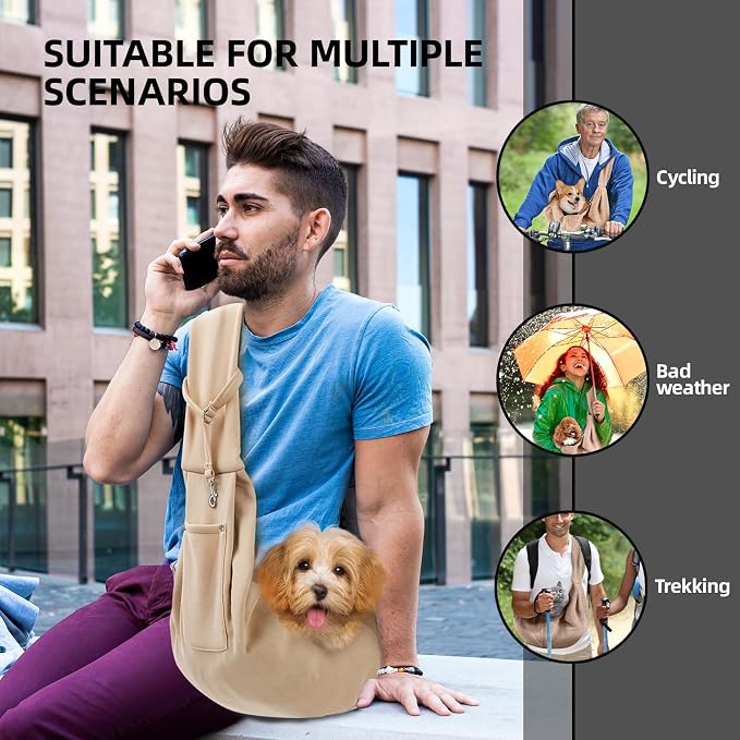 ARZQUT Dog and Cats Carrier Sling, Small Pet Carrier with Storage Pocket | Reversible Puppy Sling Carrier, Safety Buckle, Storage bag, Machine Washable for Travel, Outdoor Activitie, Hand-Free,Apricot - Image 2