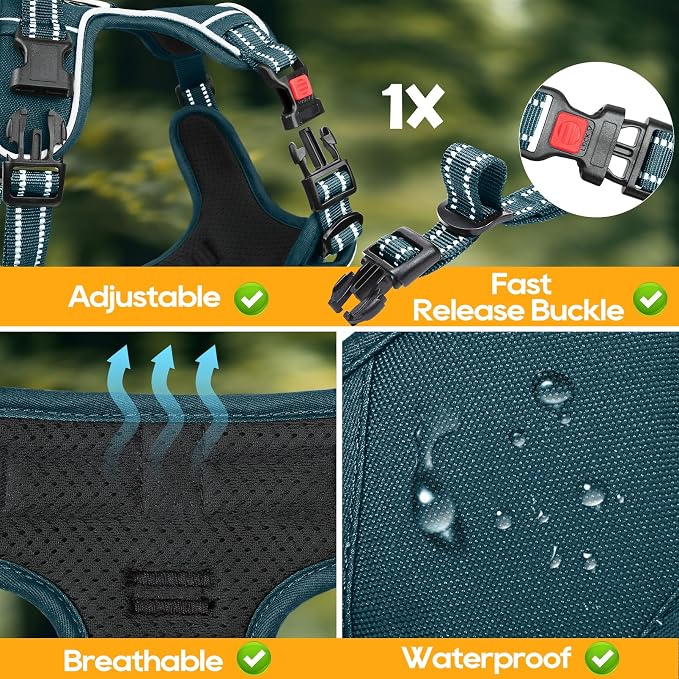 Timos Dog Harness, No Pull Large Sized with 3 Buckles, Blackish Green, L | Reflective, No Choke, Easy On & Off, Adjustable Soft Padded, Front & Back 2 Clips and Control Handle for Walking Training - Image 7