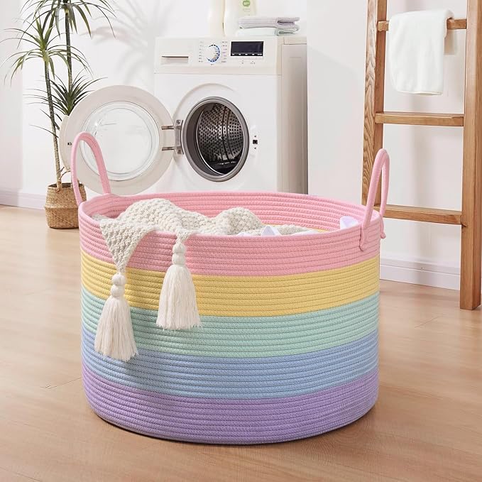 67L Large Rainbow Blanket Basket, Cotton Rope Baby Laundry Hamper with Handles, Kids Toy Basket for Classroom & Nursery, Soft Round Stuffed Animal Storage, Dog Toy Bin - 20"x13", Light Rainbow - Image 3