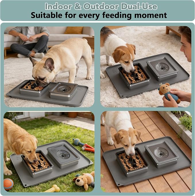 Dog Bowl Set, No Spill Dog Water and Food Bowl with Slow Feeder | Large Capacity 304 Stainless Steel Bowls, 3-In-1 Set, Slow Drinking, Anti-Slip Mat, Easy to Clean, Home/Travel, 6-7 Cups - Image 8