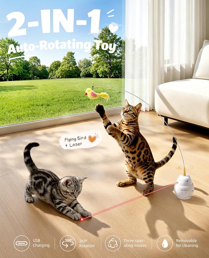 ROJECO Interactive Cat Toys,2 in 1 Automatic Cat Toy with Flying Bird | 360°Rotation/3 Operating Modes/Customizable DIY/Suction Cup/800mA Battery/TypeC Rechargeable/Removable Clean/Service Warrant - Image 2