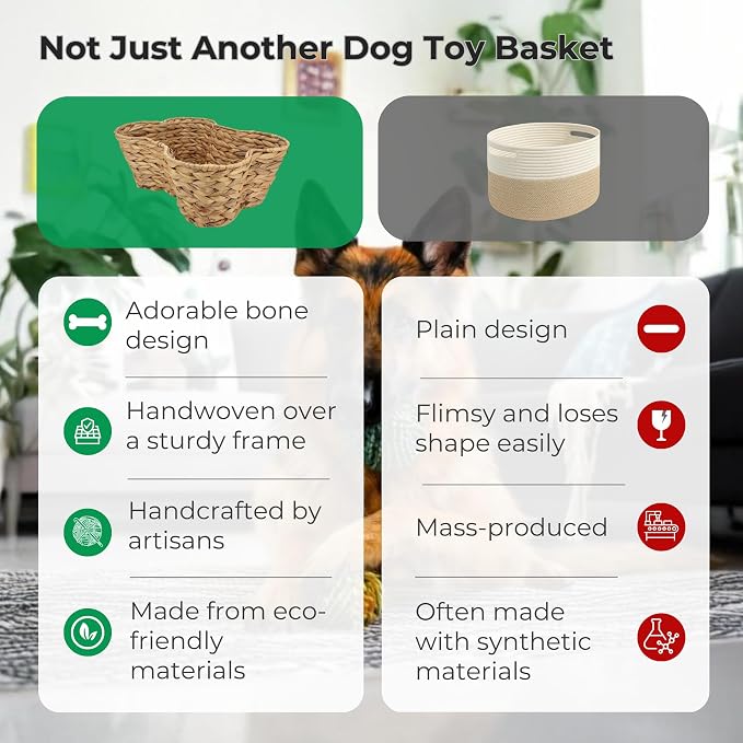 OtterPets Dog Toy Basket, Hyacinth Bone Shaped Dog Toy Bin, 17x13” | Handmade dog toy box, dog toy storage, dog basket, basket for dog toys, dog storage, 17 x 13 in, natural water hyacinth - Image 3