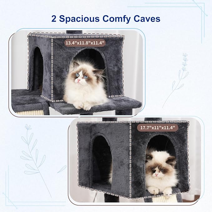 Cat Tree, 71'' Tower for Large Cat with Scratching Post, GCT032G | 2 Cat Condo House for Indoor Cats Large Adult, 2 Scratching Boards, 7 Posts, 2 Plush Perches, Hammock, Basket, Smoky Gray - Image 2
