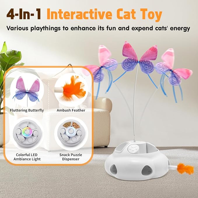 Interactive Cat Toys for Indoor Cats, 4in1 Pet Teaser Toy with Ambush Feather Wand, Motorized Fluttering Butterfly and Slow Feeder, Rechargeable Power Treat Puzzle Toys(White) - Image 2