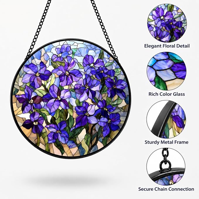 Stained Glass Window Hanging Lilac Stained Glass Style Suncatcher Round Purple Flower Window Hanging Decorative Panel Sun Catcher for Home Window Garden Gift - Image 3