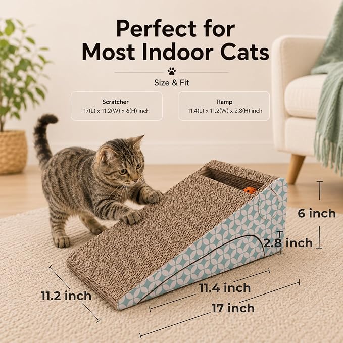 Cardboard Cat Scratcher Ramp with Ball, 2 Sizes Cat Scratch Pads | Nesting Triangle Design, with 17"x11" and 11"x11" Corrugated Scratchers, for Space-saving Natural Scratching, with Catnip - Image 9