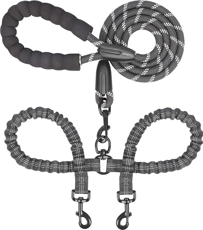 Double Dog Leash, 360° Swivel, No Tangle, Large, 25-150 lbs, Black | Dual Leash for Two Dogs, Split Leash, Shock-Absorbing Bungee, Padded Handle, Heavy-Duty Rope by iYoShop