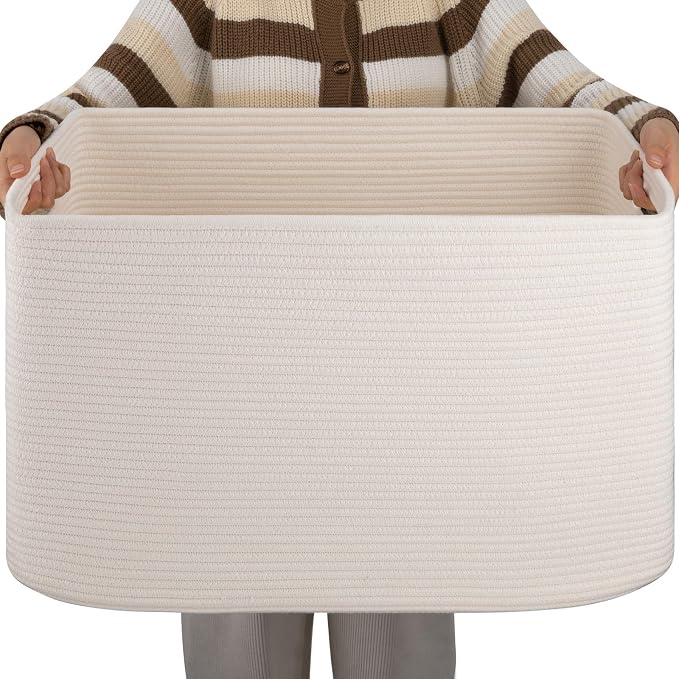 OIAHOMY XXLarge Rectangle Blanket Basket-96L, Cotton Woven Basket for Storage, Dirty Clothes Basket for Living Room, Nursery, Bedroom, Toy Organizing with Handle, 24" x 16" x 15", White by MasterofSpaceOptimization