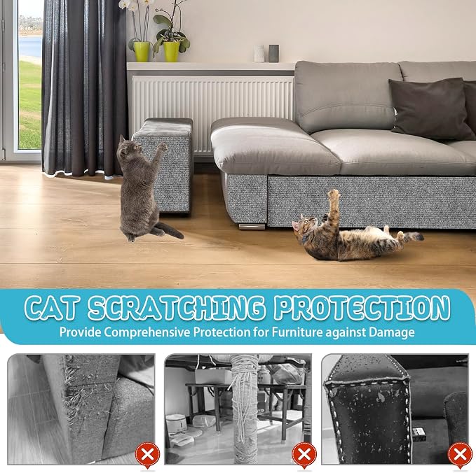 LSGCQ Cat Scratch Mat Self Adhesive Cat Scratch Furniture Protector | Self Adhesive Cat Scratching Mat Replacement for Cat Tree Post Couch Wall Furniture Protector (157.4" x 15.8", Light Gray) - Image 5