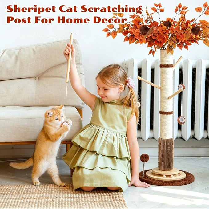 Cat Scratching Post, 46" Tall Scratcher Post for Indoor Adult Cats | Heavy Duty Scratching Post 100% Natural Sisal, Stable 3-Layer Wood Base, Hanging Ball and Track Toy for Indoor Adults Cats - Image 7