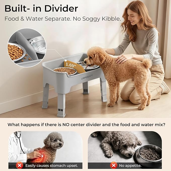 URPOWER Mess Proof Elevated Dog Bowls, Splash Guard Raised Bowl Stand | 4 Adjustable Heights, 2 Stainless Steel Bowls, Food & Water Separation, Non-Slip Base, Foldable Design for Small Dogs - Image 4