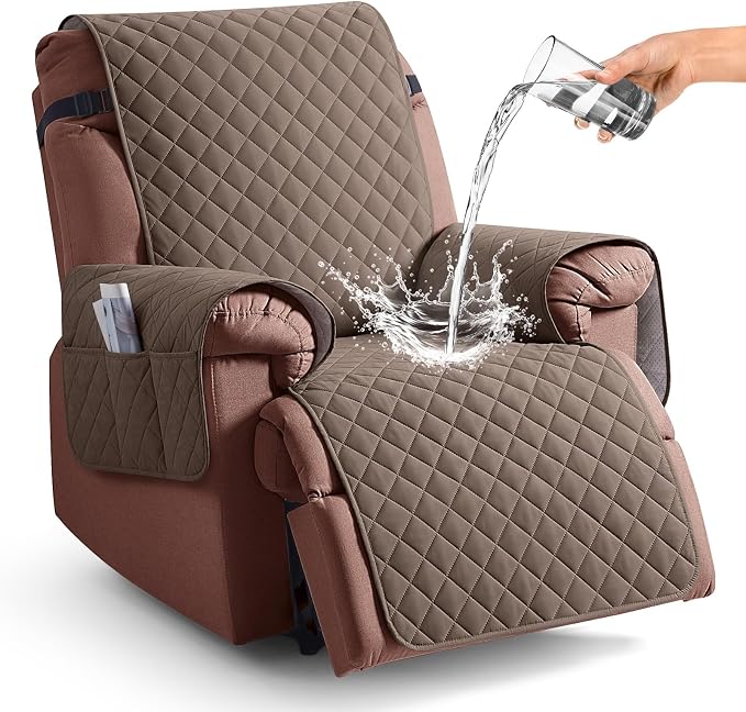 KinCam 100% Waterproof Recliner Chair Covers Washable, 28", Brown | Anti Slip Reclining Couch Covers for Pets Dog, Recliner Sofa Slipcover Storage Pocket, Furniture Protector with Elastic Strap by KinCam