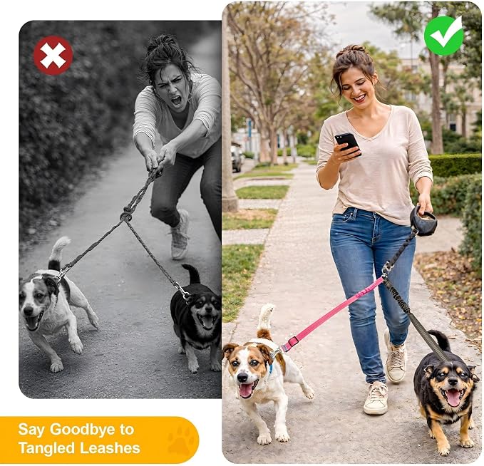 Double Dog Leash for Two Dogs, Professional No Tangle 360° Swivel Coupler with Shock Absorbing Bungee, Adjustable Length Dual-Sided Reflective Two Dogs Lead Splitter for Small Medium Large Dog - Image 4