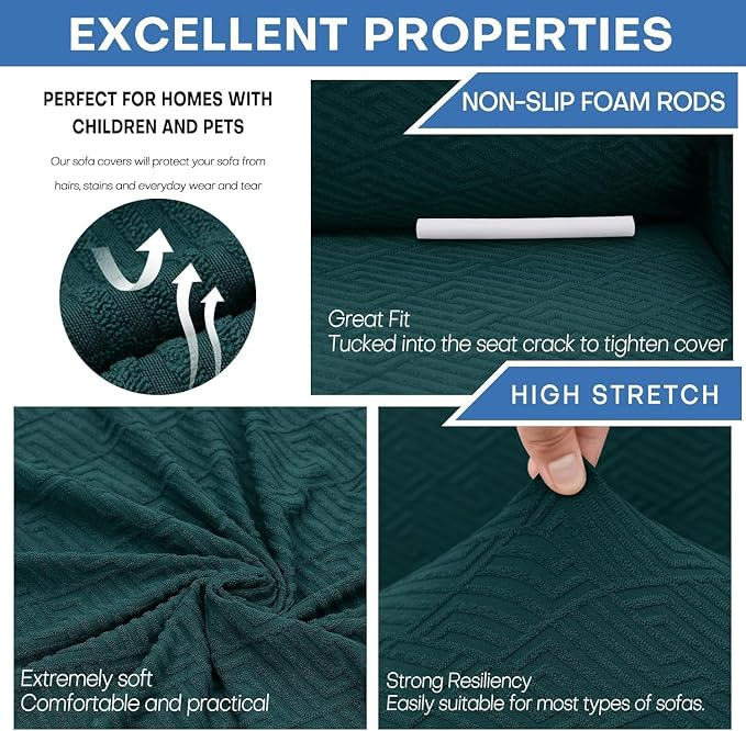 XINEAGE Stretch Jacquard Sofa Cover, Non Slip Sofa Slipcover for Dog | High-Stretch Fabric. Wear-Resistant, Pet Friendly. Easy Install & Washable for Living Rooms, Offices.Peacock Blue - Image 5